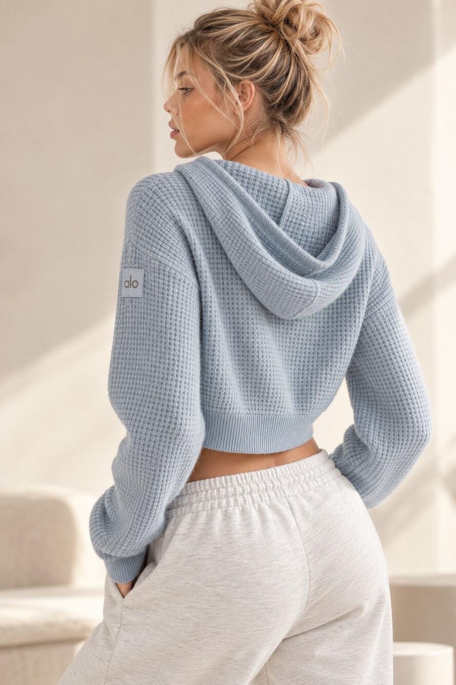 ALO Cashmere Plush Waffle Full Zip Hoodie Crystal Blue Cropped 100% Cashmere XS
